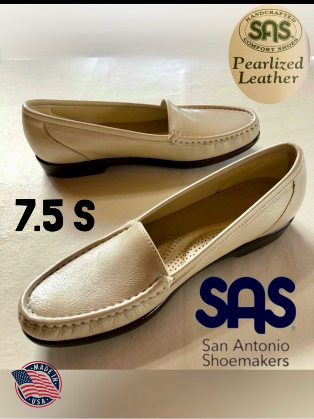 NWOB SAS Tripad Simplify Leather Loafer, Pearl Bone, 7.5 S
